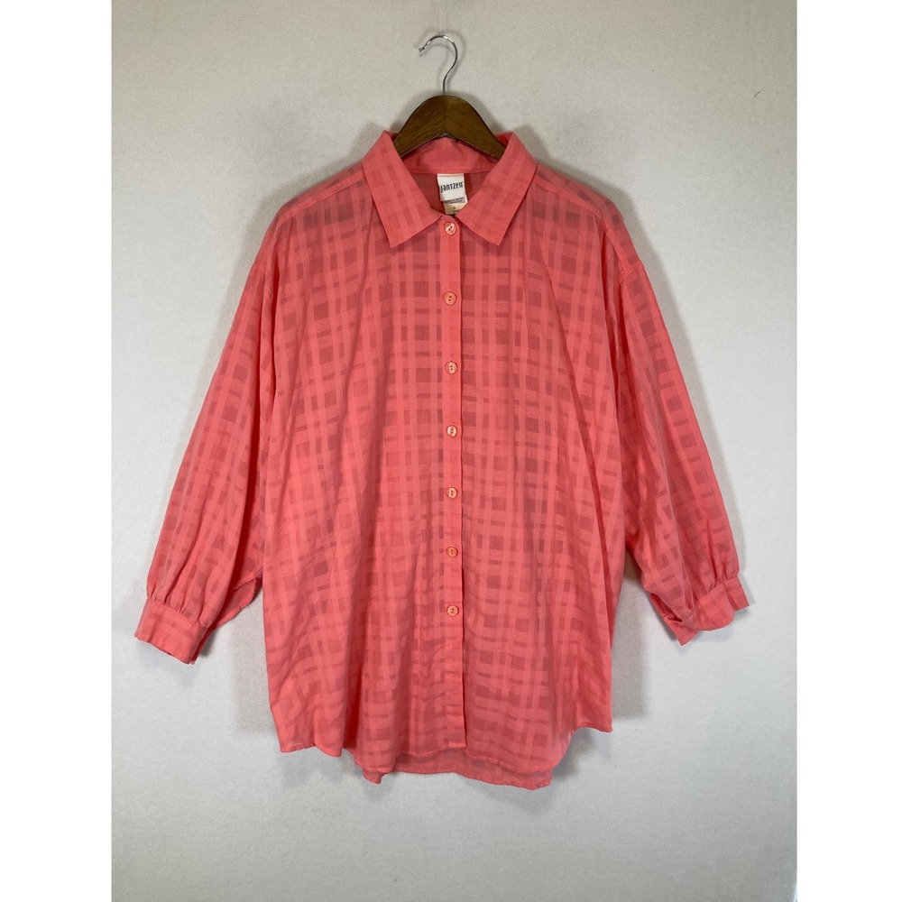 Coastal Grandma Jantzen Womens Large Peach Textured Grid‎ Button Down Shirt